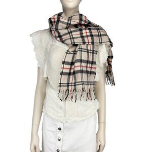 JOHN HANLY Ireland  100% Extra-Fine Merino Wool Checked PinkBeige Grey Red Scarf